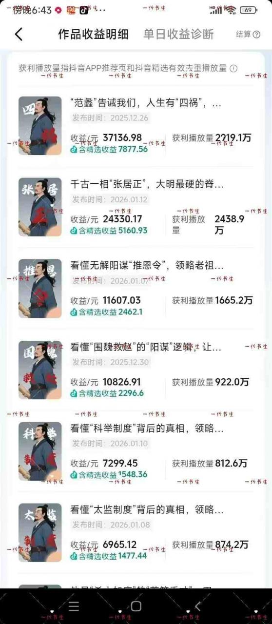 抖音300w粉丝博主的政史类科普视频教学，有大流量扶持，拿伙伴伙伴+精选独家双份收益-优品网赚资源库