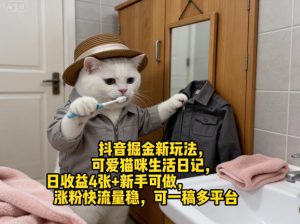 抖音掘金新玩法，可爱猫咪生活日记，日收益4张+新手可做，涨粉快流量稳，可一稿多平台-优品网赚资源库