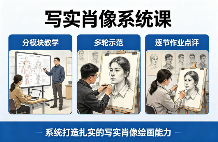 写实肖像系统课，全程分模块教学+多轮示范+逐节作业点评，系统打造扎实的写实肖像绘画能力-优品网赚资源库
