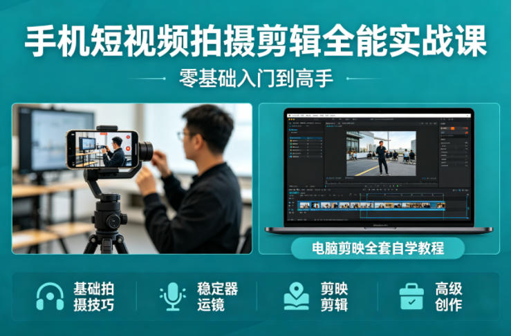 手机短视频拍摄剪辑全能实战课：零基础入门到高手，稳定器运镜+电脑剪映全套自学教程-优品网赚资源库