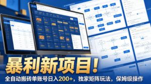 暴利新项目！全自动搬砖单账号日入200+，独家矩阵玩法，保姆级操作【揭秘】-优品网赚资源库