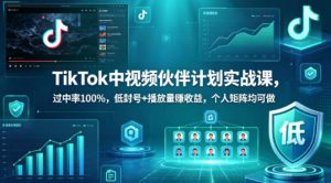 TikTok中视频伙伴计划实战课，过中率100%，低封号+播放量賺收益，个人矩阵均可做-优品网赚资源库