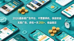 2026最新看广告平台，不需要养机，保底收益，无限广告，多机一天200+，收益稳定【揭秘】-优品网赚资源库