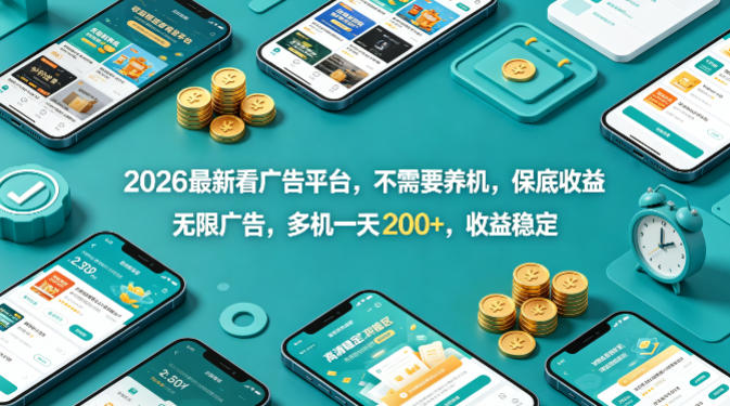 2026最新看广告平台，不需要养机，保底收益，无限广告，多机一天200+，收益稳定【揭秘】-优品网赚资源库
