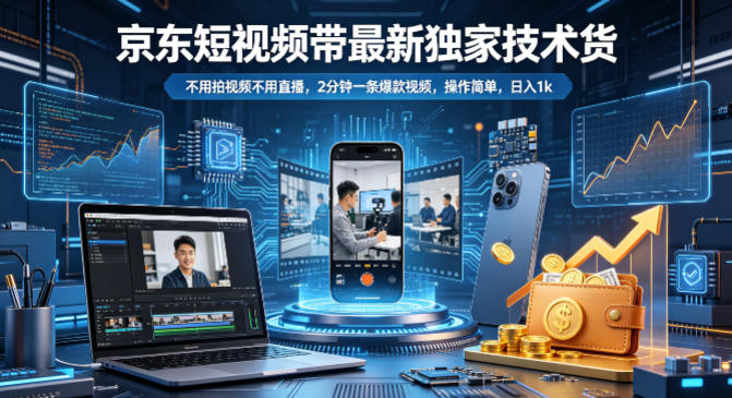 京东短视频带货最新独家技术，不用拍视频不用直播，2分钟一条爆款视频，操作简单，日入1k+【揭秘】-优品网赚资源库