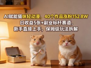 AI赋能猫咪轻动漫，40个作品涨粉152.8W，日收益5张+副业标杆赛道，新手直接上手，保姆级玩法拆解-优品网赚资源库