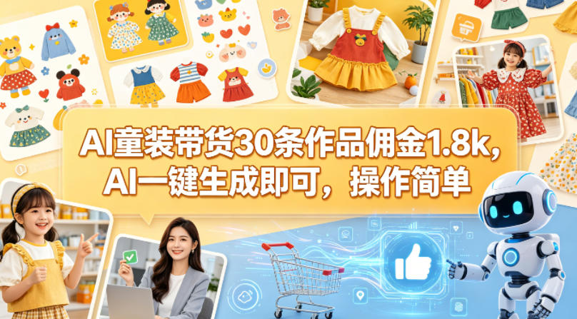 AI童装带货30条作品佣金1.8k，AI一键生成即可，操作简单-优品网赚资源库