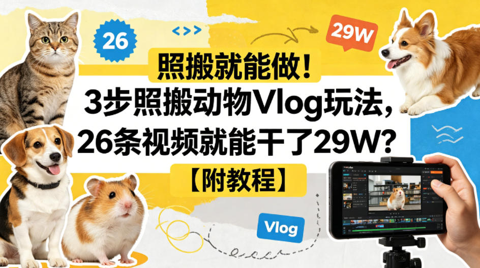 照搬就能做！3步照搬动物Vlog玩法，26条视频就能干了29W？【附教程】【赠coze一键生成工作流】-优品网赚资源库