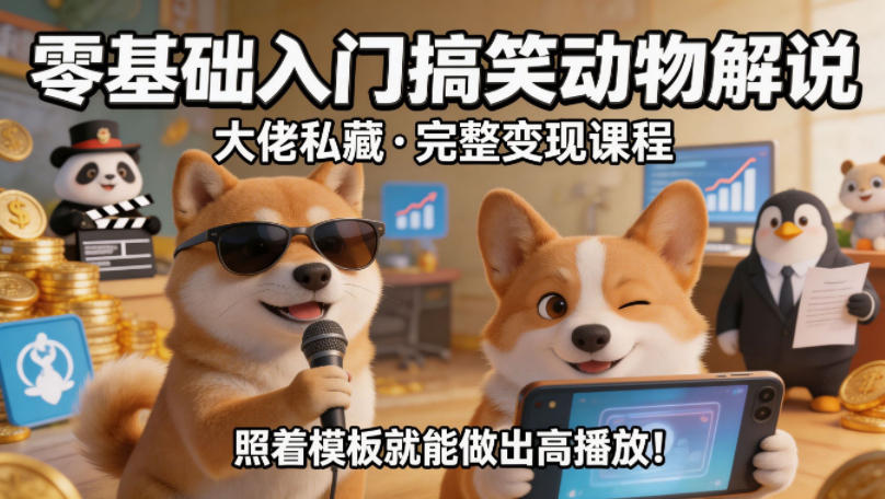 零基础入门搞笑动物解说，大佬私藏完整变现课程，照着模板就能做出高播放-优品网赚资源库