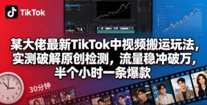某大佬最新TikTok中视频搬运玩法，实测破解原创检测，流量稳冲破万，半个小时一条爆款-优品网赚资源库