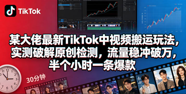 某大佬最新TikTok中视频搬运玩法，实测破解原创检测，流量稳冲破万，半个小时一条爆款-优品网赚资源库