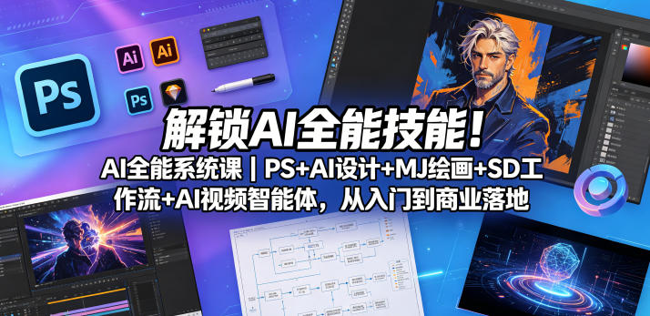 解锁AI全能技能！AI全能系统课｜PS+AI设计+MJ绘画+SD工作流+AI视频智能体，从入门到商业落地-优品网赚资源库