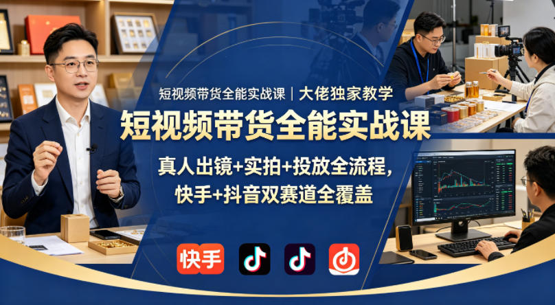 短视频带货全能实战课｜大佬独家教学，真人出镜+实拍+投放全流程，快手+抖音双赛道全覆盖-优品网赚资源库