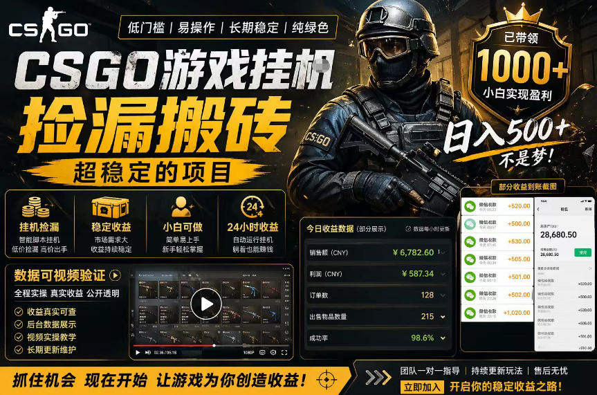 CSGO游戏搬砖，全自动挂G，不需要玩游戏，手机操作日入300+，解放双手【揭秘】-优品网赚资源库