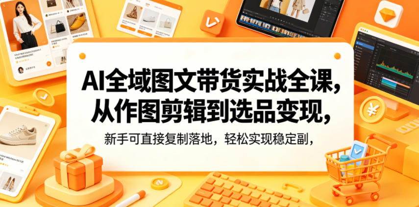 AI全域图文带货实战全课,从作图剪辑到选品变现,新手可直接复制落地,轻松实现稳定副业增收