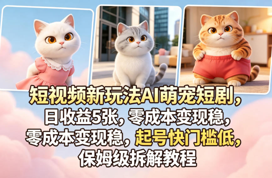 短视频新玩法AI萌宠短剧，日收益5张，零成本变现稳，起号快门槛低，保姆级拆解教程-优品网赚资源库