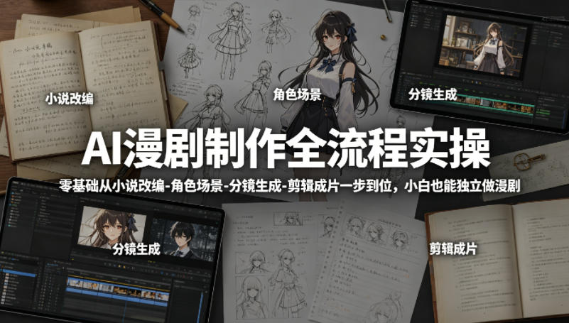 AI漫剧制作全流程实操，零基础从小说改编-角色场景-分镜生成-剪辑成片一步到位，小白也能独立做漫剧-优品网赚资源库