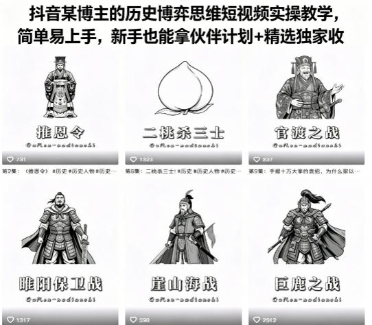 抖音某博主的历史博弈思维短视频实操教学，简单易上手，新手也能拿伙伴计划+精选独家收益-优品网赚资源库
