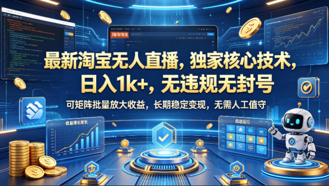 最新淘宝无人直播，独家核心技术，日入1k+，无违规无封号，可矩阵批量放大，长期稳定，无需人工值守【揭秘】-优品网赚资源库