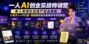 一人AI创业实战特训营,单人零团队轻资产创业指南,AI数字人+IP打造+短视频流量全套路落地变现教程-优品网赚资源库