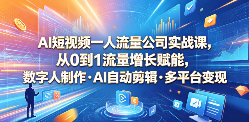 AI短视频一人流量公司实战课，从0到1流量增长赋能，数字人制作・AI自动剪辑・多平台变现，一人做流量生意全落地教程-优品网赚资源库