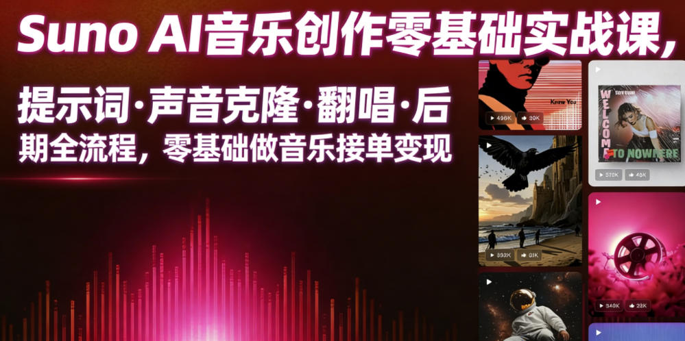 Suno AI音乐创作实战课，提示词・声音克隆・翻唱・后期全流程，零基础做音乐接单变现-优品网赚资源库
