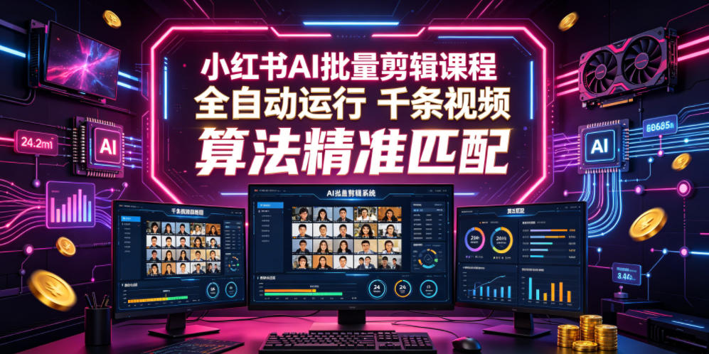 小红书AI批量剪辑课程，24小时全自动运行，解放双手专注运营，千条视频批量处理，小红书算法精准匹配-优品网赚资源库
