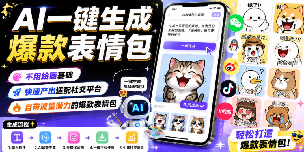 AI一键生成爆款表情包，不用绘画基础，快速产出适配社交平台，自带流量潜力的爆款表情包-优品网赚资源库