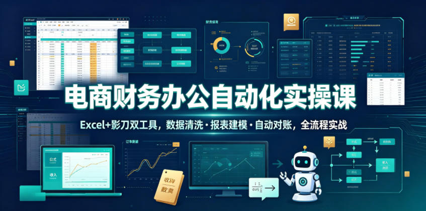 电商财务办公自动化实操课，Excel+影刀双工具，数据清洗・报表建模・自动对账，全流程实战-优品网赚资源库