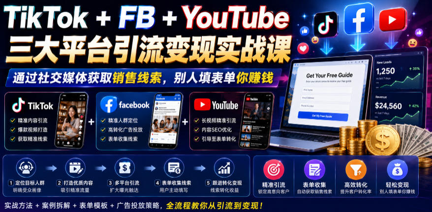 TikTok+FB+YouTube三大平台引流变现实战课，通过社交媒体获取销售线索，别人填表单你賺钱【原创双语字幕】-优品网赚资源库