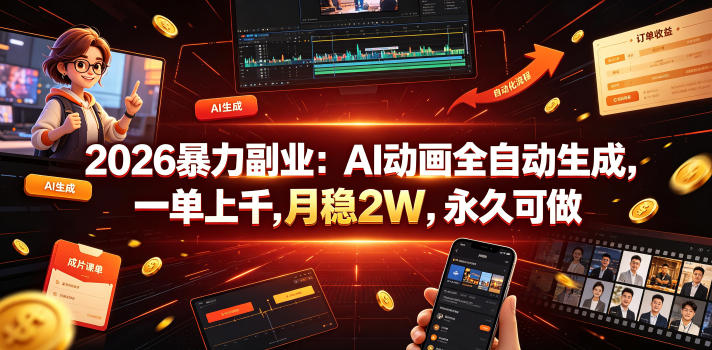 2026暴力副业：AI动画全自动生成，一单上千，月稳2W，永久可做【揭秘】-优品网赚资源库
