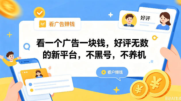 看一个广告一块钱，好评无数的新平台，不黑号，不养机，一撸几十块钱还是不错的【揭秘】-优品网赚资源库