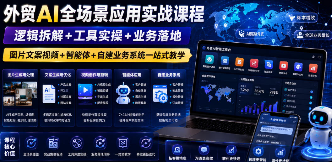 外贸AI全场景应用实战课程｜逻辑拆解+工具实操+业务落地，图片文案视频+智能体+自建业务系统一站式教学-优品网赚资源库