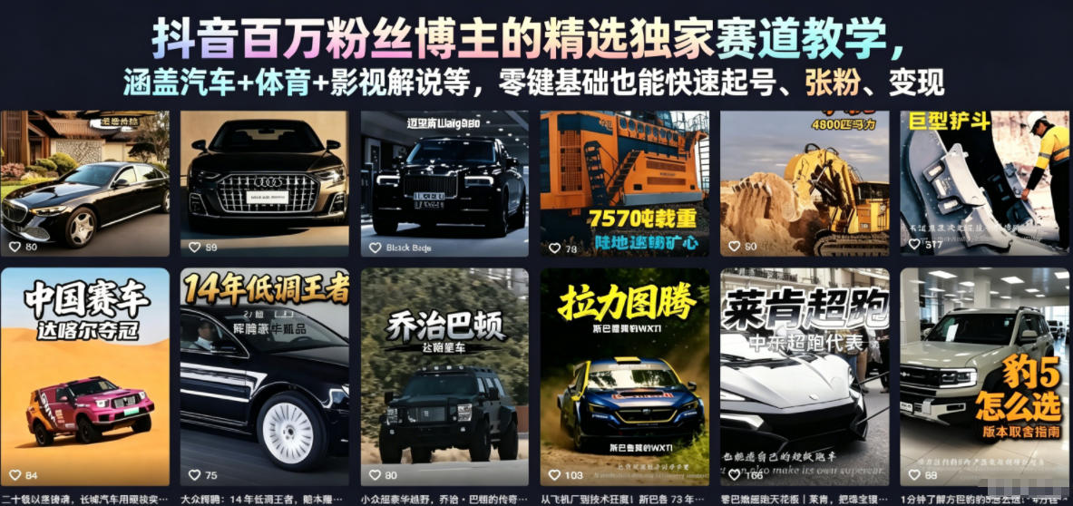 抖音百万粉丝博主的精选独家赛道教学，涵盖汽车+体育+影视解说等，零基础也能快速起号、涨粉、变现-优品网赚资源库