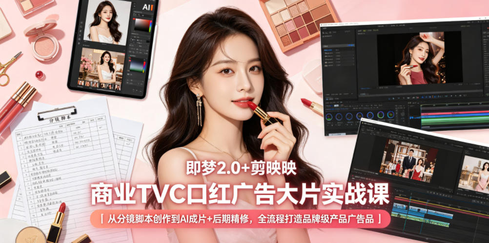 即梦2.0+剪映商业TVC口红广告大片实战课｜从分镜脚本创作到AI成片+后期精修，全流程打造品牌级产品广告-优品网赚资源库