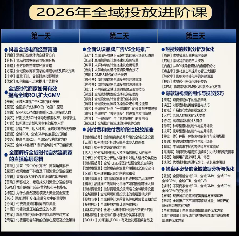 千川扫地僧2026抖音全域投放进阶课，少走弯路·快速起量·掌控增长，6月12-14号杭州线下课-优品网赚资源库