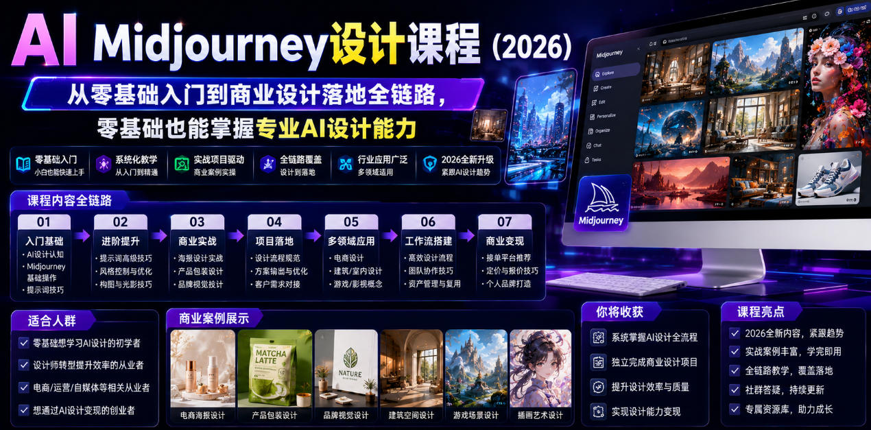 AI Midjourney设计课程（2026），从零基础入门到商业设计落地全链路，零基础也能掌握专业AI设计能力-优品网赚资源库