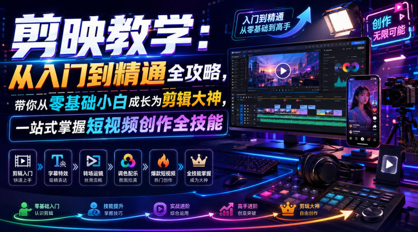剪映教学：从入门到精通全攻略，带你从零基础小白成长为剪辑大神，一站式掌握短视频创作全技能-优品网赚资源库