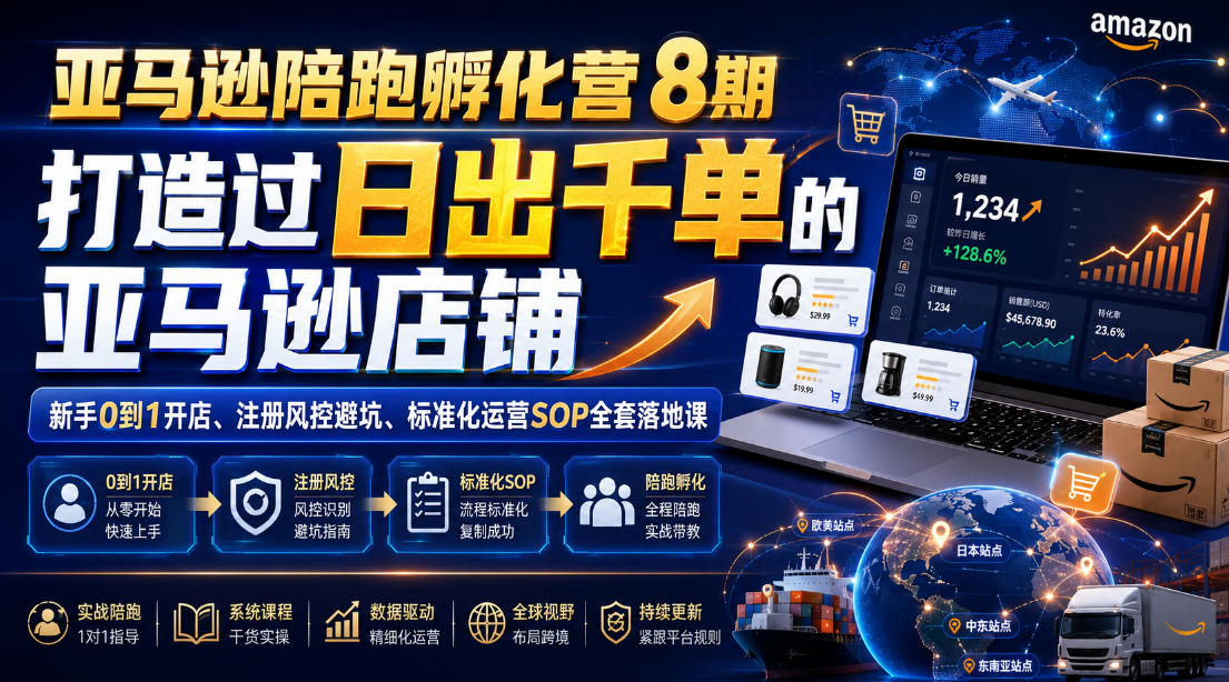 亚马逊陪跑孵化营8期，打造过日出千单的亚马逊店铺，新手0到1开店、注册风控避坑、标准化运营SOP全套落地课-优品网赚资源库