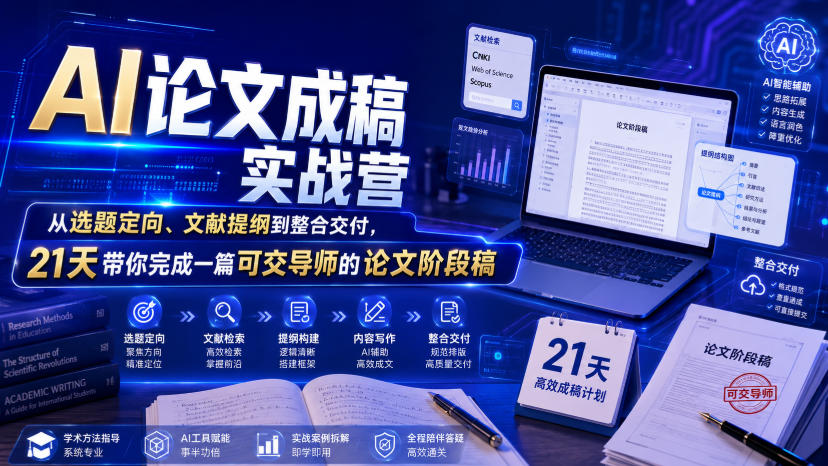 AI论文成稿实战营，从选题定向、文献提纲到整合交付，21天带你完成一篇可交导师的论文阶段稿-优品网赚资源库