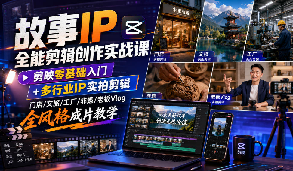 故事IP全能剪辑创作实战课｜剪映零基础入门+多行业IP实拍剪辑，门店/文旅/工厂/非遗/老板Vlog全风格成片教学-优品网赚资源库