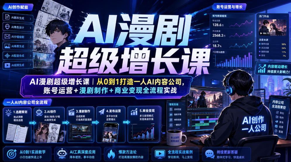 AI漫剧超级增长课｜从0到1打造一人AI内容公司，账号运营+漫剧制作+商业变现全流程实战-优品网赚资源库