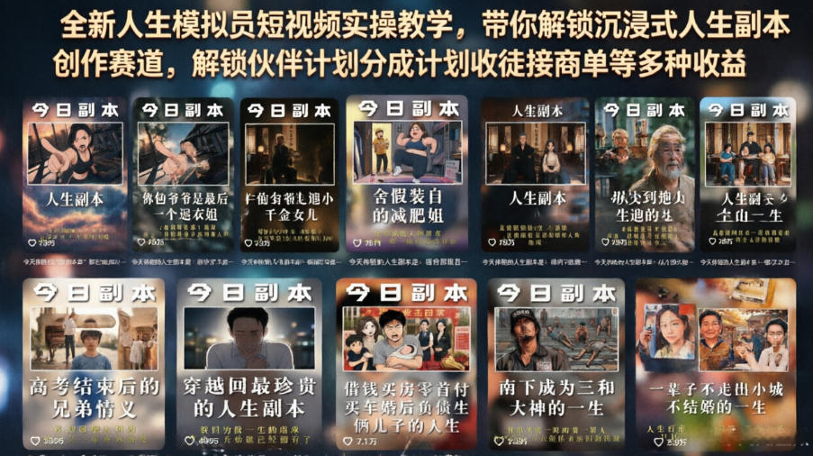 全新人生模拟员短视频实操教学，带你解锁沉浸式人生副本创作赛道，解锁伙伴计划分成计划收徒接商单等多种收益-优品网赚资源库
