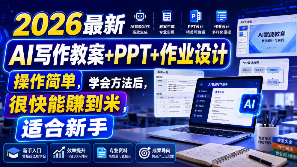 2026最新AI写作教案+PPT+作业设计，操作简单，学会方法后，很快能賺到米，适合新手-优品网赚资源库