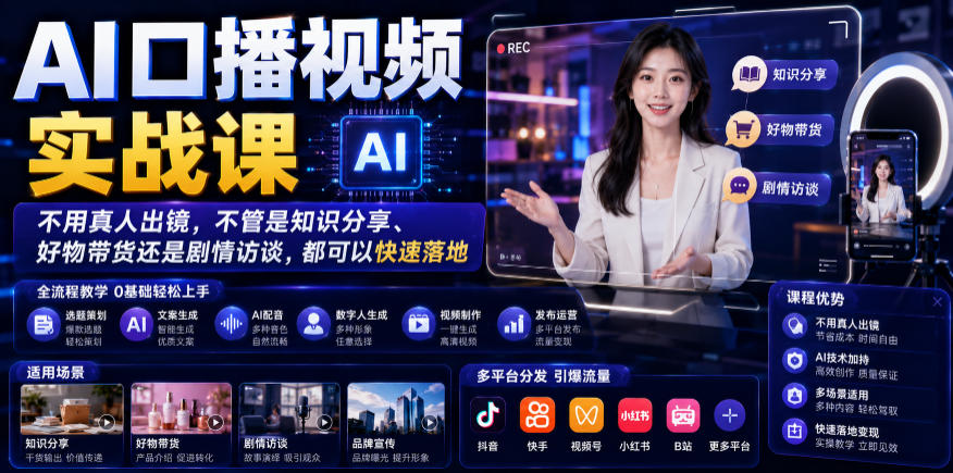 AI口播视频实战课，不用真人出镜，不管是知识分享、好物带货还是剧情访谈，都可以快速落地-优品网赚资源库
