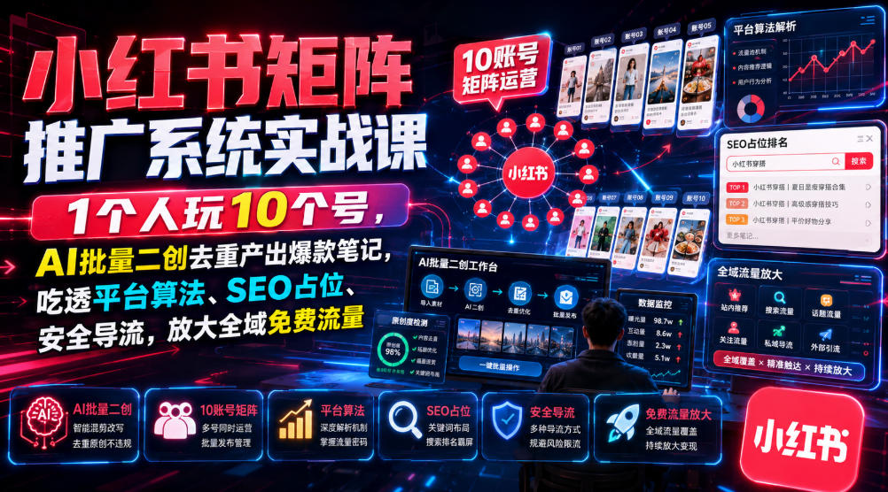 小红书矩阵推广系统实战课｜1个人玩10个号，AI批量二创去重产出爆款笔记，吃透平台算法、SEO占位、安全导流，放大全域免费流量-优品网赚资源库