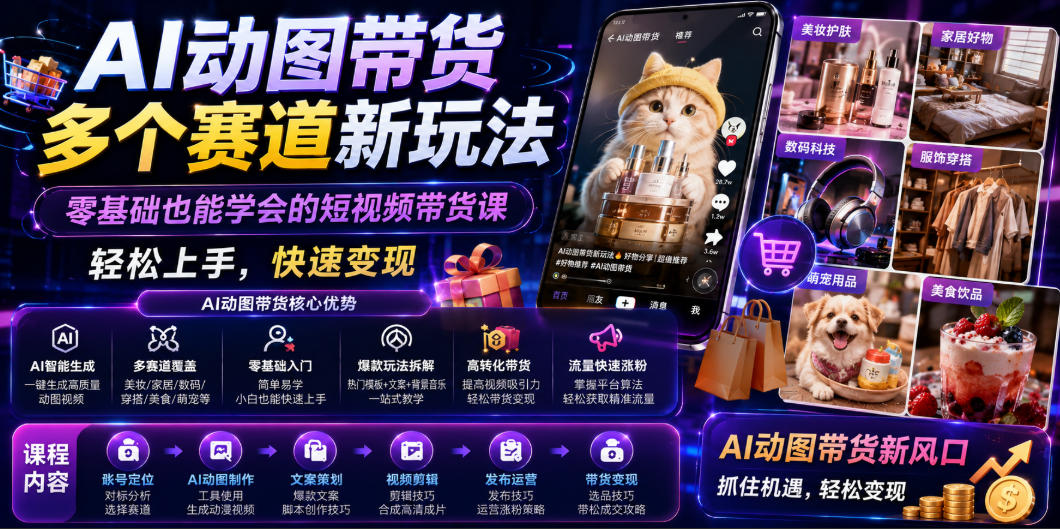 AI动图带货多个赛道新玩法，零基础也能学会的短视频带货课，轻松上手，快速变现-优品网赚资源库