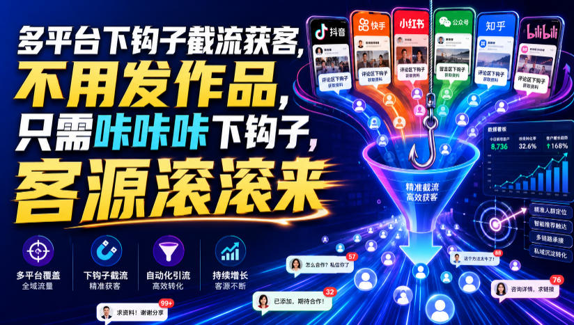 多平台下钩子截流获客，不用发作品，只需咔咔咔下钩子，客源滚滚来-优品网赚资源库