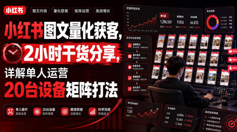 小红书图文量化获客，2小时干货分享，详解单人运营20台设备矩阵打法-优品网赚资源库