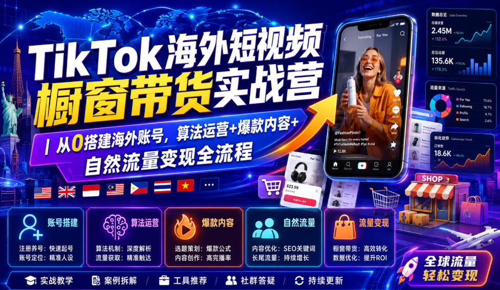 TikTok海外短视频橱窗带货实战营｜从0搭建海外账号，算法运营+爆款内容+自然流量变现全流程-优品网赚资源库